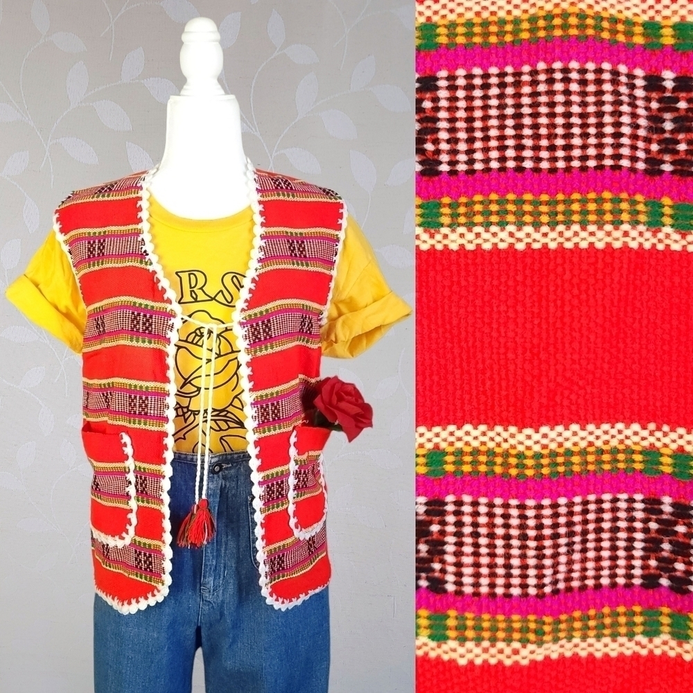 Vintage Vest Boho Southwest Handmade Crochet Trim Serape Knit Tie Front Red